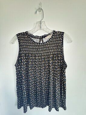 LOFT Sleeveless Smocked Blouse Medium Navy Brown White Print Rayon Tank Top